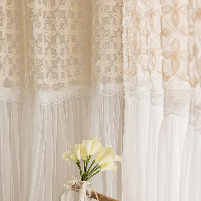 American rural style curtains bedroom girl retro living room translucent gauze curtains lace stitching embroidery 2024 new model