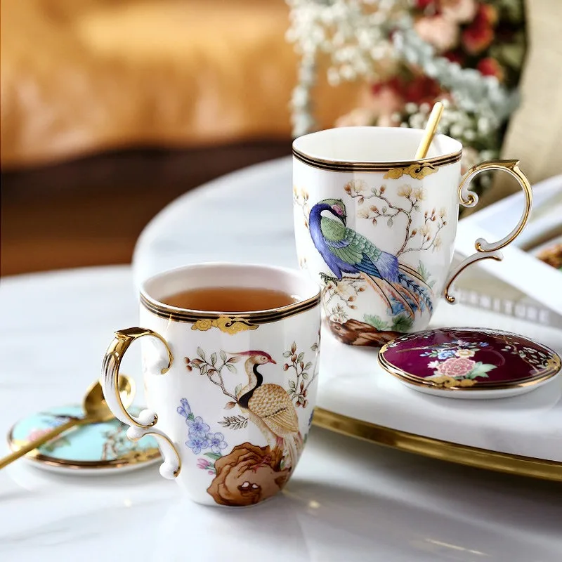 Bone China Mug with Lid and Golden Spoon, Exotic Bird Floral Pattern Ceramic Coffee Tea Cup, Luxury Gilded Drinking Cup for Gift
