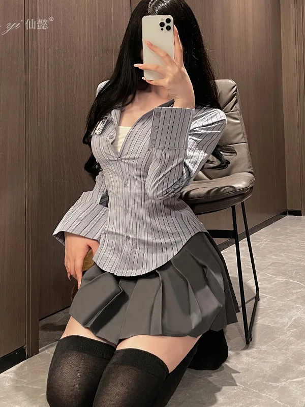 Women Wear New Skirt Set Summer Academy Style JK Popular Design Sense Waistband Long Sleeved Shirt Romantic Elegant Mature 3JZ0