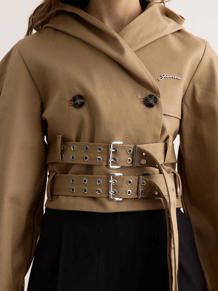 VGH Solide Französisch Elegante Kurze Mantel für Frauen Mit Kapuze Langarm Gespleißt Doppel Gürtel Dekoration Baiscs Jacke Weibliche Neue Trendy