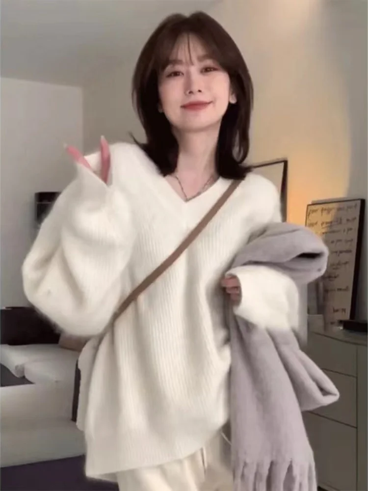 

Women's Thiened V-Ne Faux Bear Fur Sweater Soft Cozy Autumn Winter Knitted Top Sweet Sle Loose Fit Long Sve T-irt