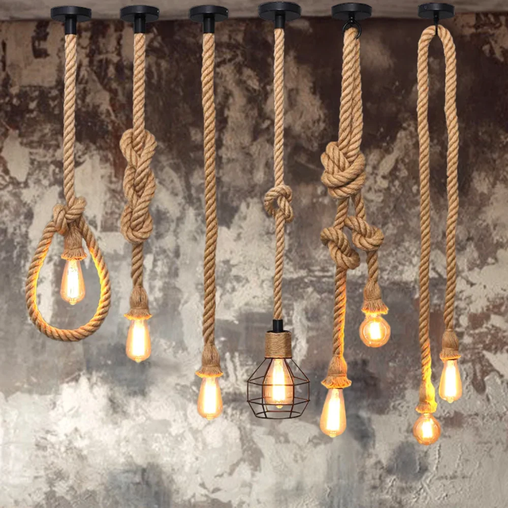 High Quality Retro Vintage Hemp Rope Pendant Light Hanging Lamps Creative Loft Country Style Ceiling Lamps E27 Edison LED