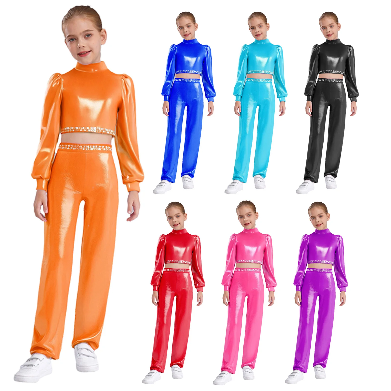 

Kids Girls Jazz Dance Metallic Crop Top Set Mock Neck Sparkling Rhinestones with Elastic Waistband Pants for Dancing Stage Shows