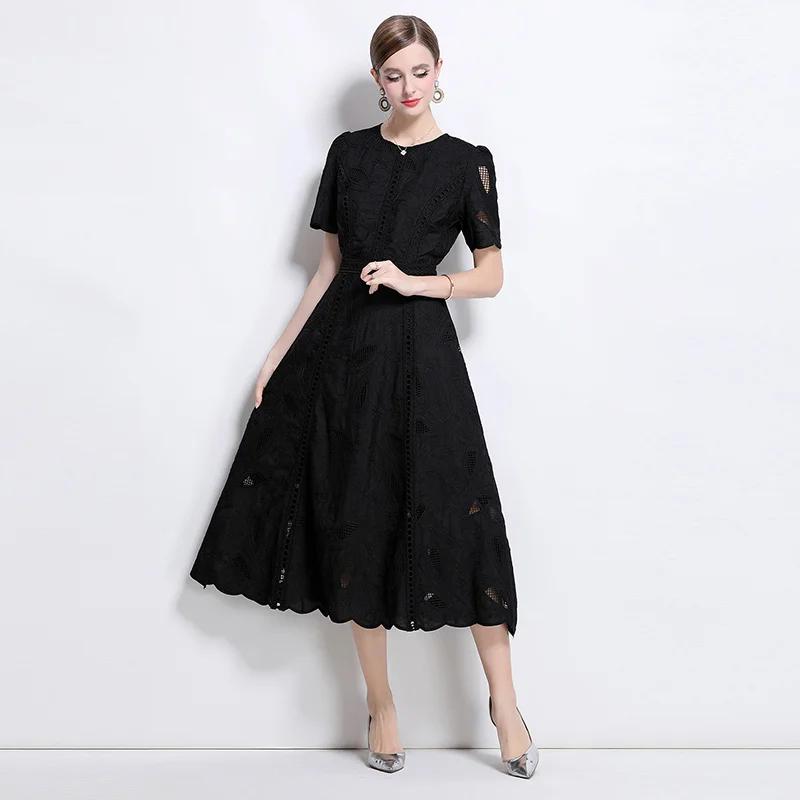 

Summer Vintage Dress Women Hollowed Out Embroidered Round Neck Waist Short Sleeved Dress for Women Slim Female Clothing Dresses