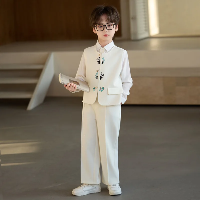 Boys Chinese Style Vest Suit Set Panda Embroidery New Year Performance Outfit Sparkle Waistcoat and Pants Kids Stage Costume