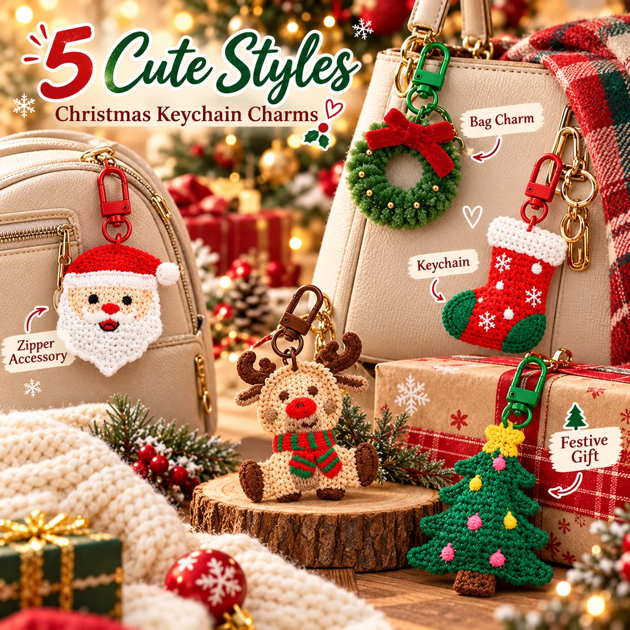 Cute Cartoon Christmas Pendant Bow Green Mini Wreath Keychain New Year Gift Bag Pendant Christmas Brooch Car Key Pendant