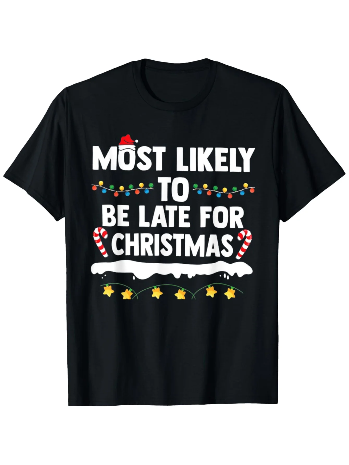 

"Late for Christmas" T-Shirt - 100% Cotton S-3XL, Black/White Candy Cane Print