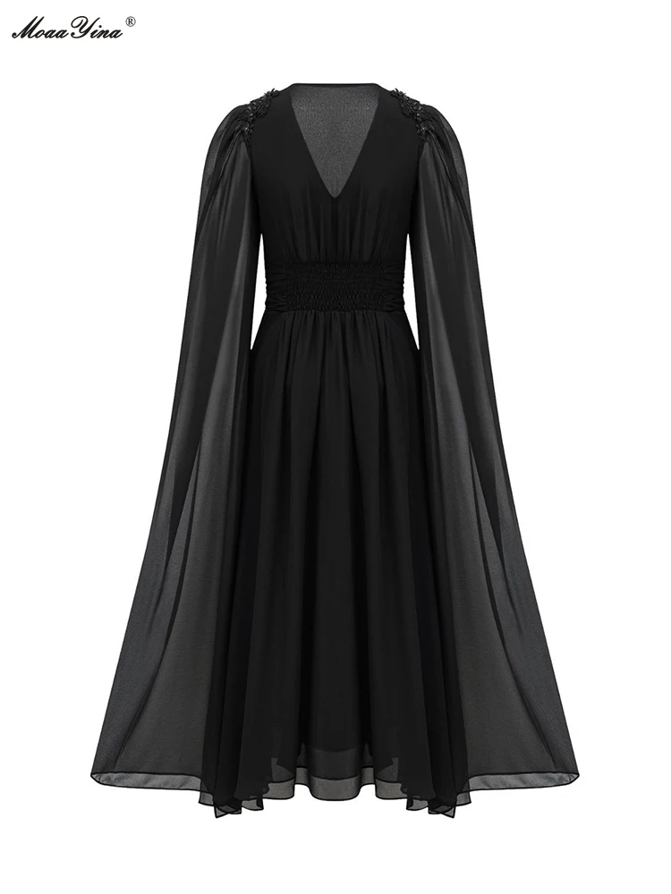 MoaaYina Fashion Designer Spring Women's Long Dresses Flying Sleeve Embroidered Flares Elegant Temperament A-LINE Dress