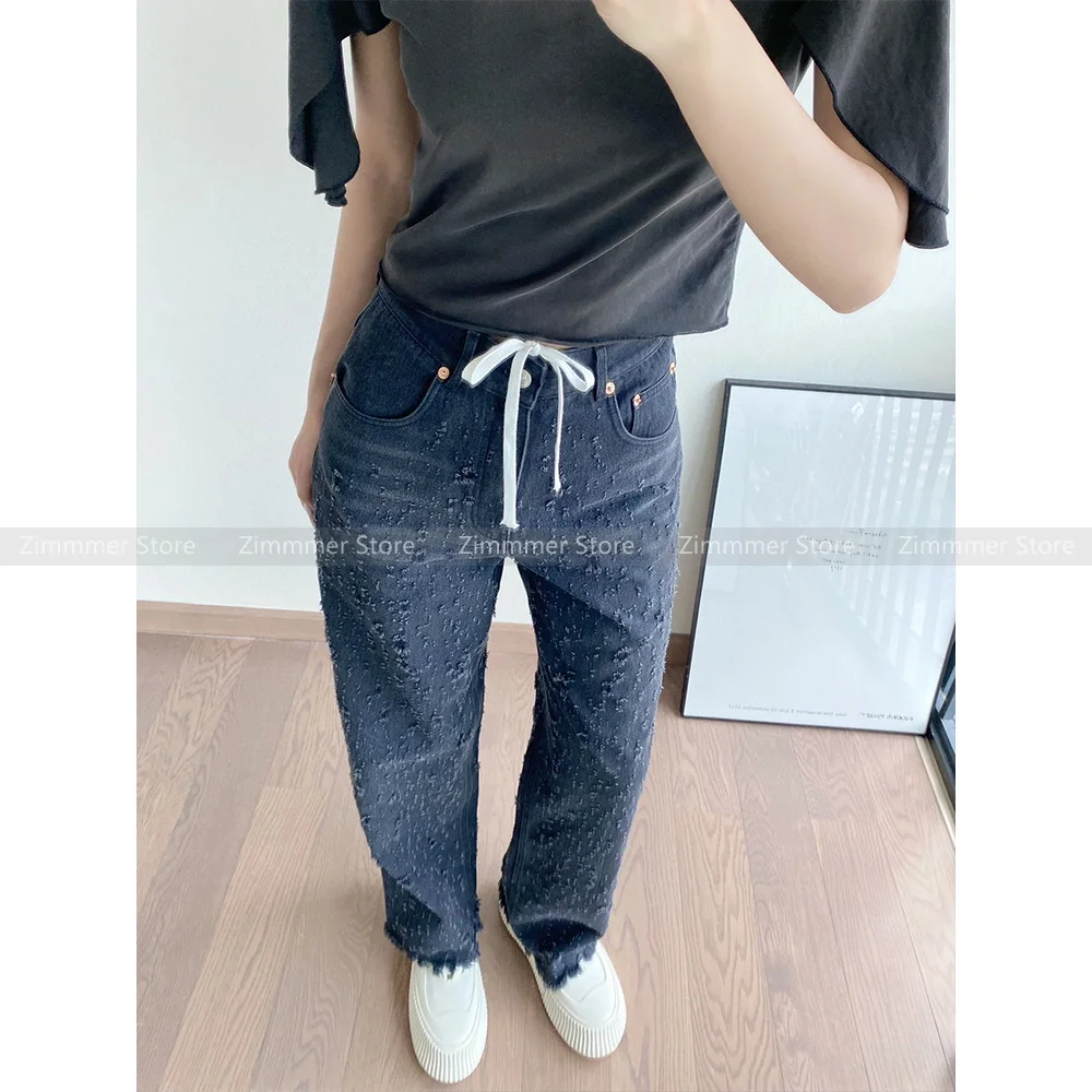 

High quality! 2024 early spring niche design fashionable retro old worn high waist casual loose wide leg denim trousers