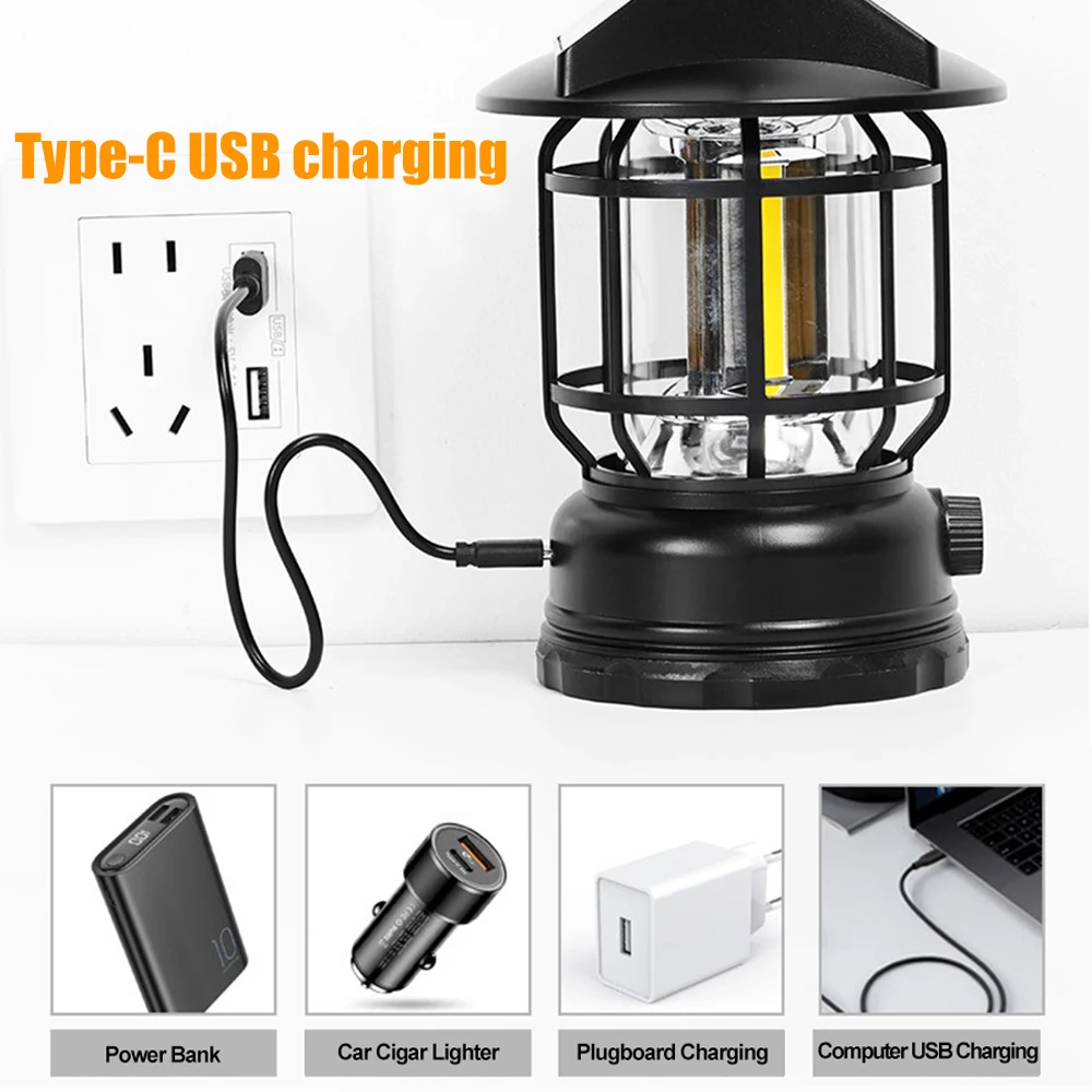 Solar Camping Lights USB Rechargeable LED Retro Portable Lantern Waterproof For Outdoor Hanging Tent Atmosphere Emergency Lamp