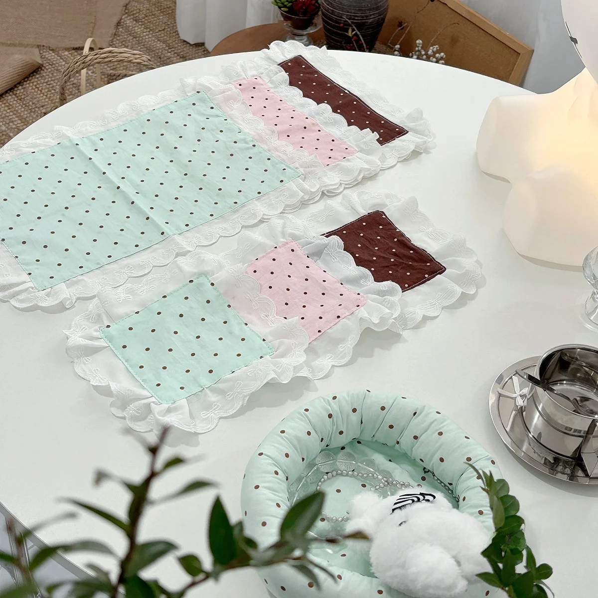 Ins Pink Brown Polka Dot  Knot Pure Cotton Lace Trim Dining Mat Tablecloth Cup Mat Photography Background Cloth Baking