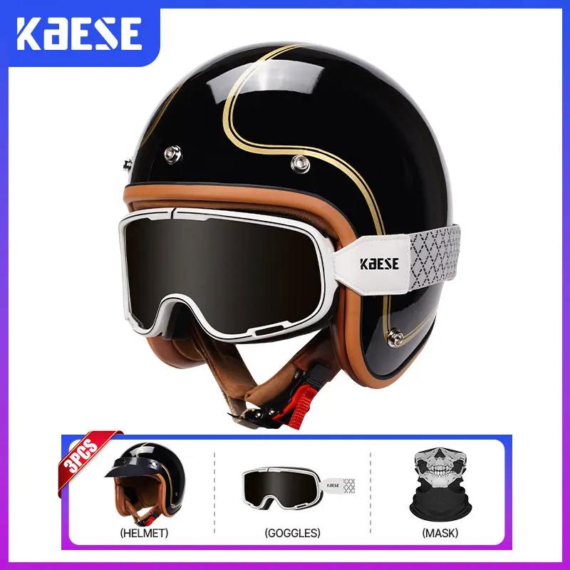 

Open Face Helmet Retro 3/4 Motorcycle Helmets with Goggles Men ABS German Style Vintage Jet Helmet Four Seasons DOT Approved