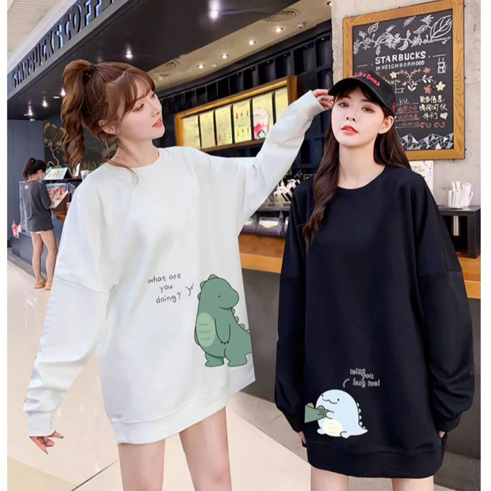 Cute Monster Dinosaur Print Matching Round Neck Couple Friend Hoodies Sweatshirts For Girlfriend Boyfriend Autumn Winter Custom