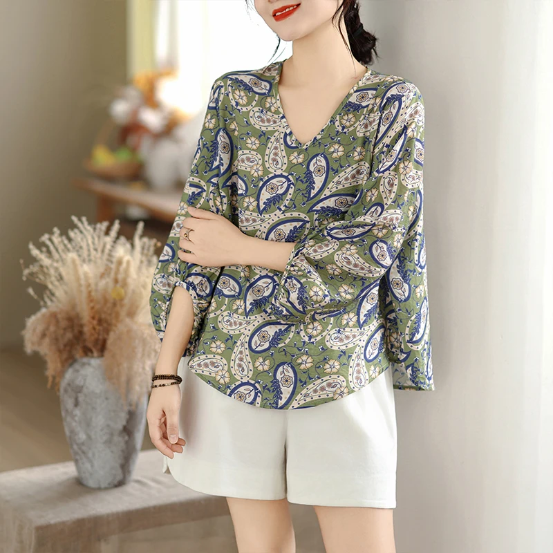 

Breathable Loose Women's T-Shirt Shirt Top Thin Cotton V-Neck Printed Casual Summer Fashion Comfortable Cool Lightweight