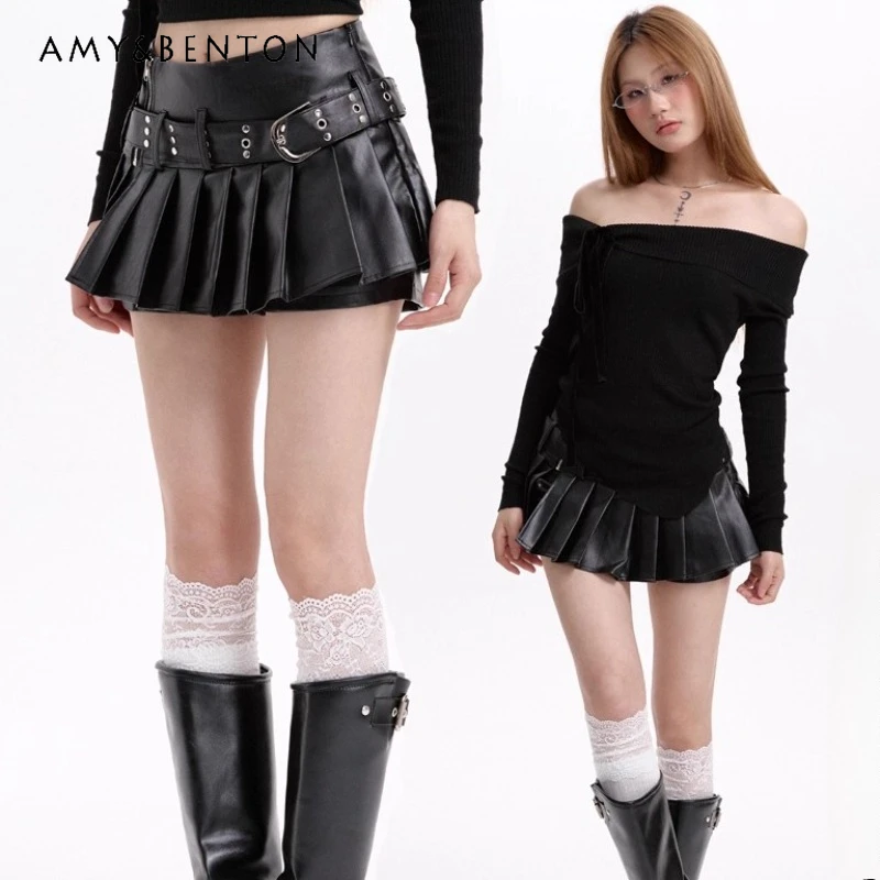 

Gothic Black Women's A-line Pleated Leather Women's Skirt Y2k Mini Shorts Skirts Harajuku Korean Skirt Vintage Clothes Summer