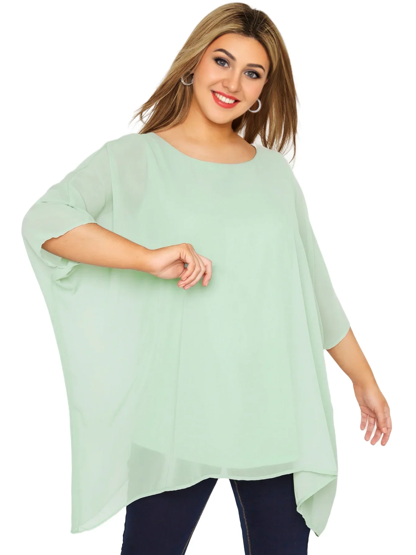 Womens Plus Size Elegant Summer Blouse Batwing Sleeve Oversized Chiffon Blouse Scoop Neck Large Size Casual Tunic Top Shirt 4XL