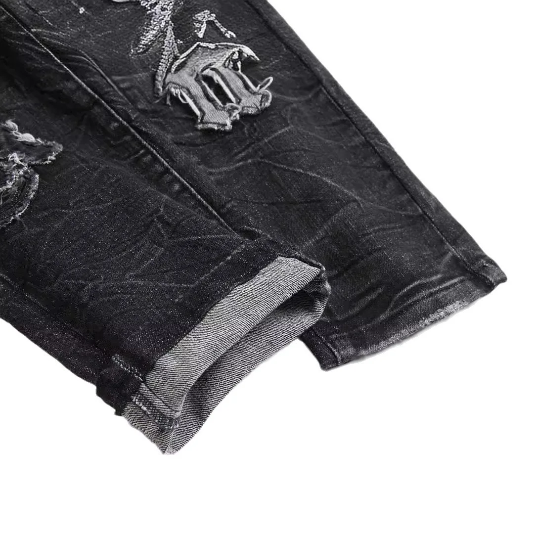 Men's Leopard Pattern Spliced Jeans Pants Badge Embroidery Star 3D Worn Out Zipper Slim Fit Versatile European American Trends24