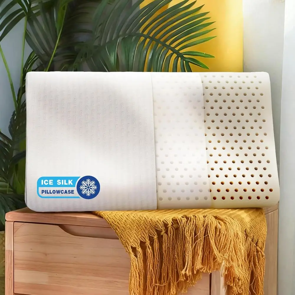 

Latex Pillow eatures Medium-Sot Latex oam and Removable ice Silk Pillowcase Suitable or Side and Stoh Sleepers Heing to Relieve
