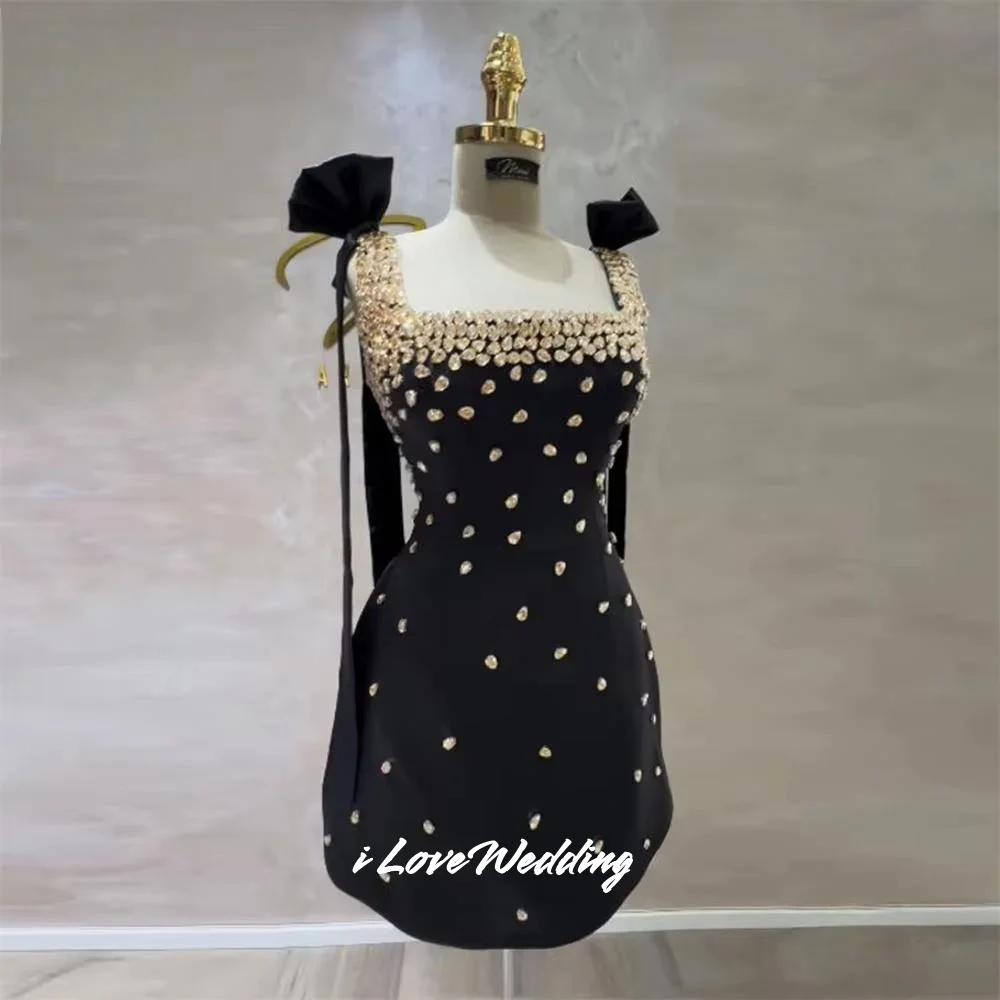 

Black Square Collar Bow Mini Skirt Sleeveless Homecoming Dresses A-Line Modern Pleated Modern Birthday Party Dress Customized