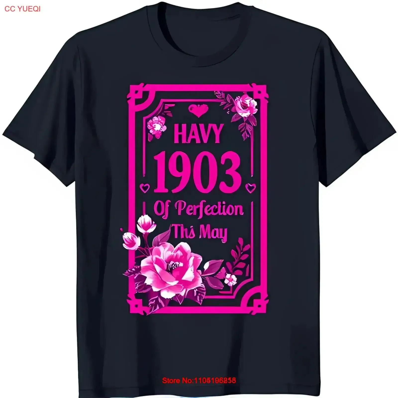 تي شيرت أزرق عميق مع وردي 'HAVY 1903 من الكمال هذا مايو' تصميم الأزهار خمر غسلها مصمم الملابس للجنسين الشارع الشهير