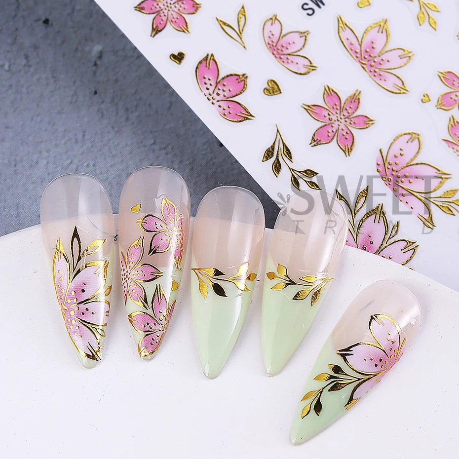 2/3pcs Golden Pink Hibiscus Flower Nail Stickers 3D Bronzing Border Petals Sakura Line Sliders Nail Decals DIY Manicure Decor image 5