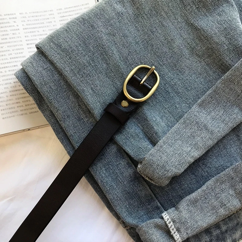 Damen-Gürtel aus echtem Leder, 2,3 cm breit, zweilagige Rindsleder-Metall-Dornschließe, schlichte Mode für Jeans – Detail 5