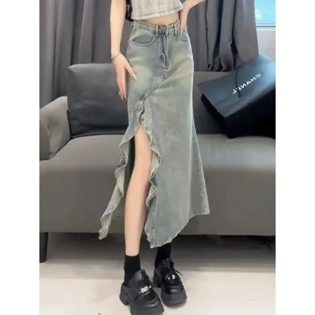 

Women's High Waist Fishtail Skirt Irregular Wave Slit Design Denim Fashion Summer New Niche Style