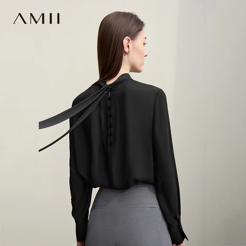 

Amii Women's Chiffon Blouse 2026 Spring New Tie Neck Elegant Office Top French Style Stand Collar Flowy Shirt for Women 12641131