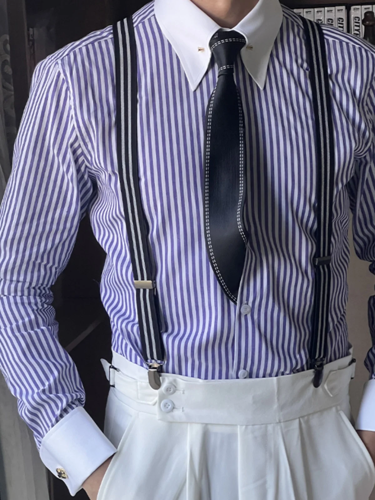 

Classic Korean Drama Inspired Purple Striped Button down irt Collar Men's Faion Iron Free Cotton Blend Busin Gentleman...