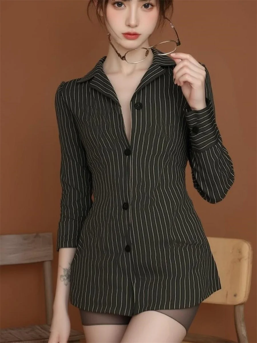

Черные полосатые рубашки женские изысканный силуэт профессиональная офисная одежда весна осень с длинным рукавом корейская изысканная