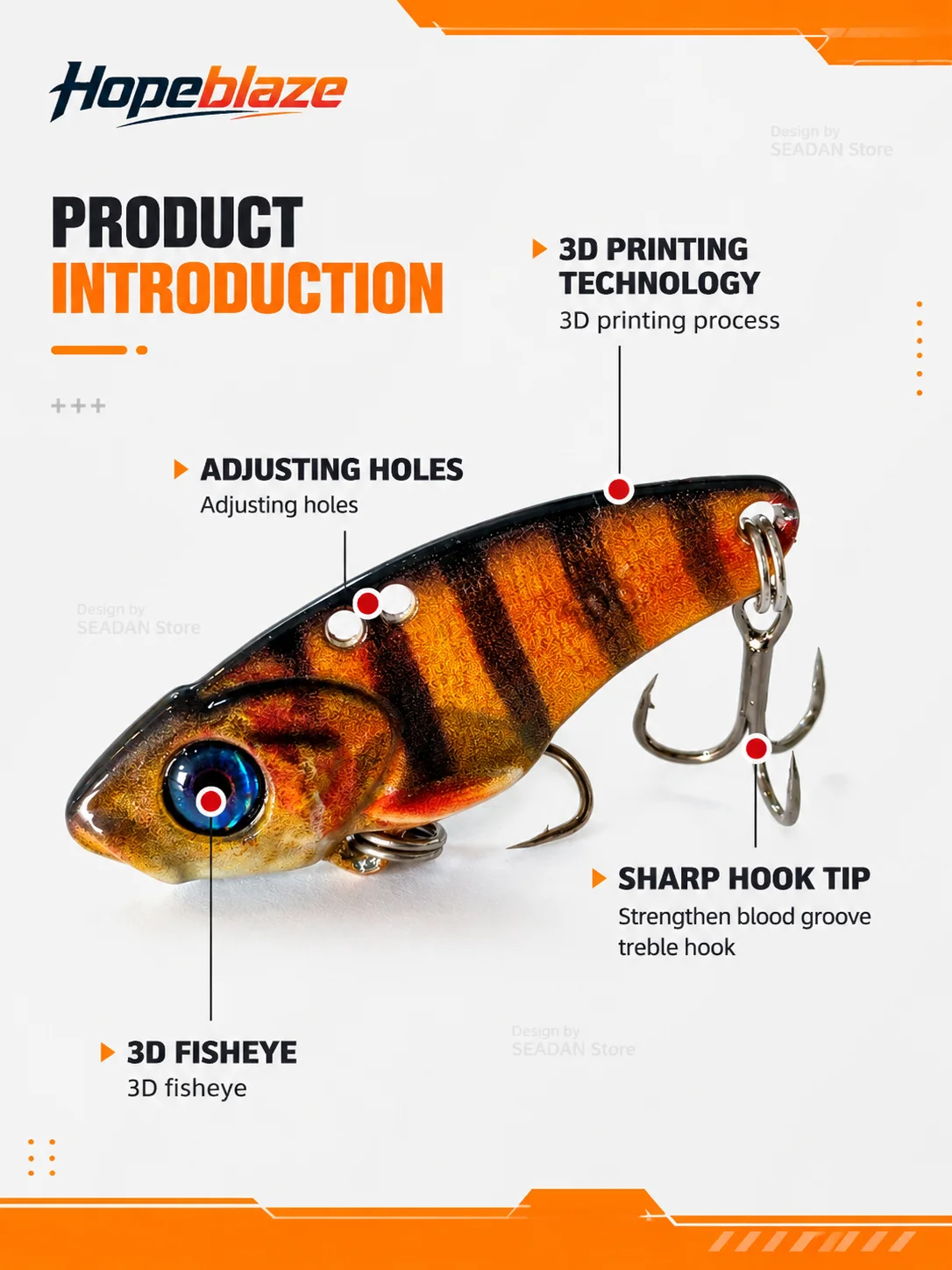 Hopeblaze FlorVIB Zinc Alloy Metal VIB Lures 3Pcs Blood Slot Treble Hooks For Bass Pike Walleye Trout Freshwater Saltwater