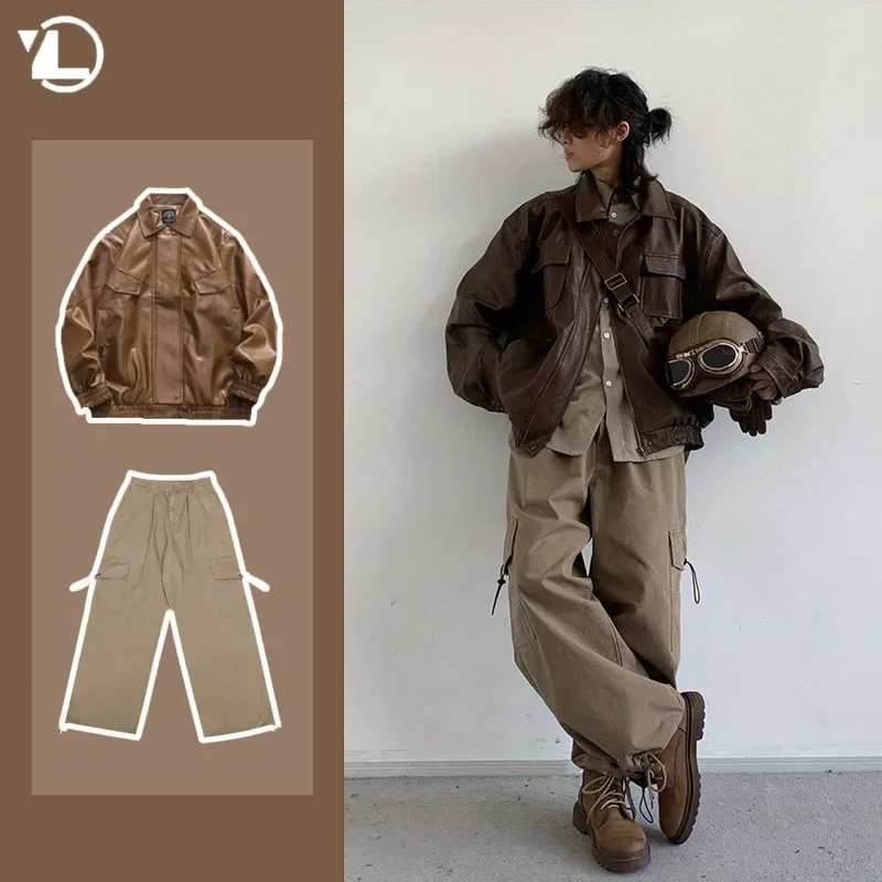 Men Set Japanese Vintage Harajuku Loose PU Leather Jacket+Fashion High Street Drawstring Cargo Pants Two Piece Unisex Suit 2023