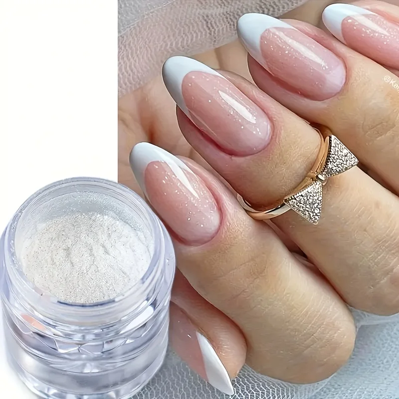 オーロラパールホワイトダイヤモンドグリッターネイル - クロムミラー仕上げ、ムーンライトホワイトグリッター、シェル型レインボーネイルに最適