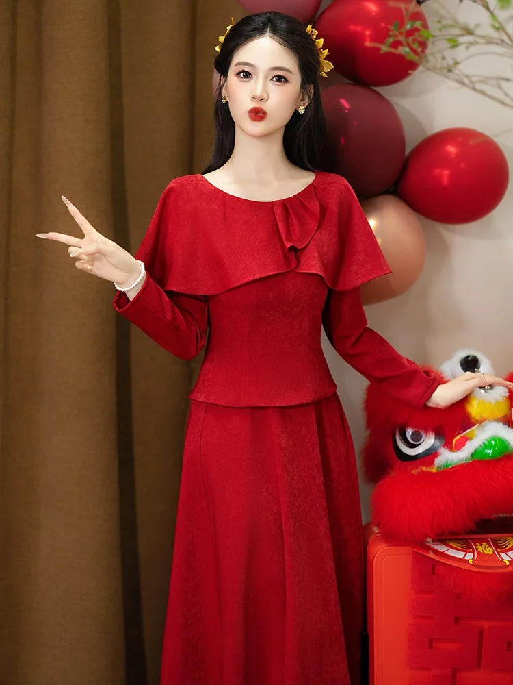 

Красное свадебное платье-комплект в новом китайском стиле с длинными рукавами для свадебных торжеств и вечеринок