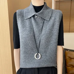 Gilet di lana con colletto per donna senza maniche tinta unita moda coreana maglione lavorato a maglia caldo e di alta qualità per l'autunno inverno