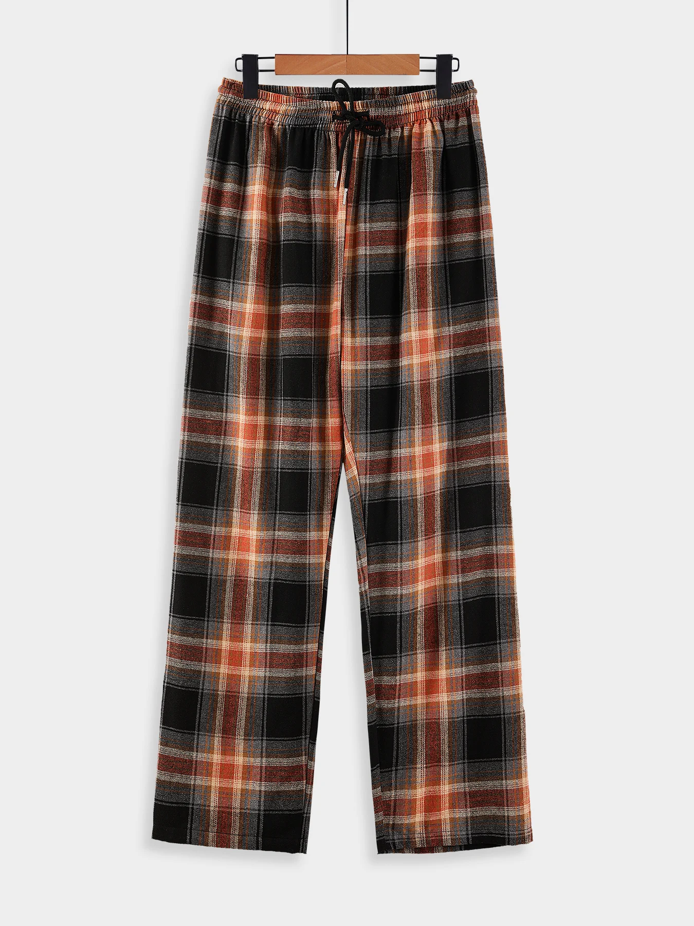 Men Women's Black Orange Plaid Drawstring Pants Autumn Winter Retro Wide Leg Trousers