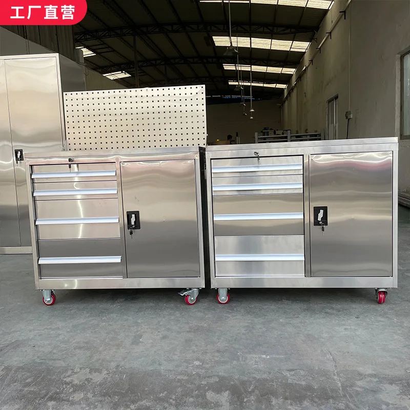 Stainless steel trolley with hanging board, heavy-duty tool cart with bucket, turning cart, brake parts cabinet
