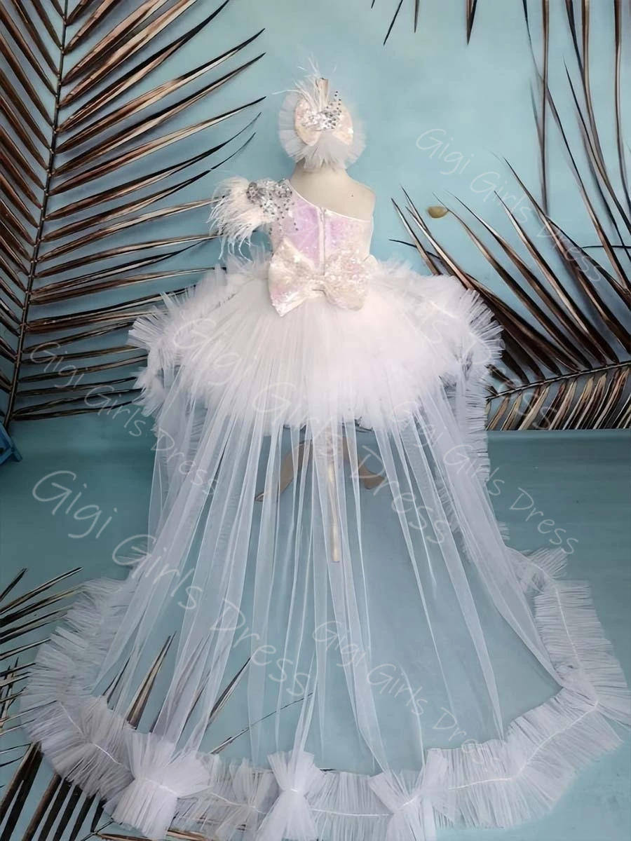 

Белое платье с цветочным узором на одно плечо для девочек на свадьбу, детское многоуровневое тюлевое платье с блестками на день рождения, бальное платье принцессы на заказ со шлейфом