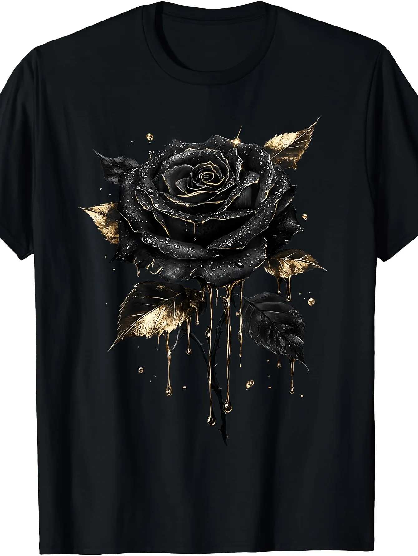 Retro Botanical Black Rose T-Shirt - Suitable for - Round Neck Tee with Botanist Print, Machine Washable Casual Shirt for Garden Parties & Casual Attire, Male Fashion (Regular Fit)