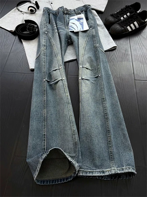 Calças Jeans Micro Flare Estilo Americano com Rasgos, Unissex, para Verão, Versáteis, Casuais, de Perna Larga, Modernas, Soltas, para Casais, de Perna