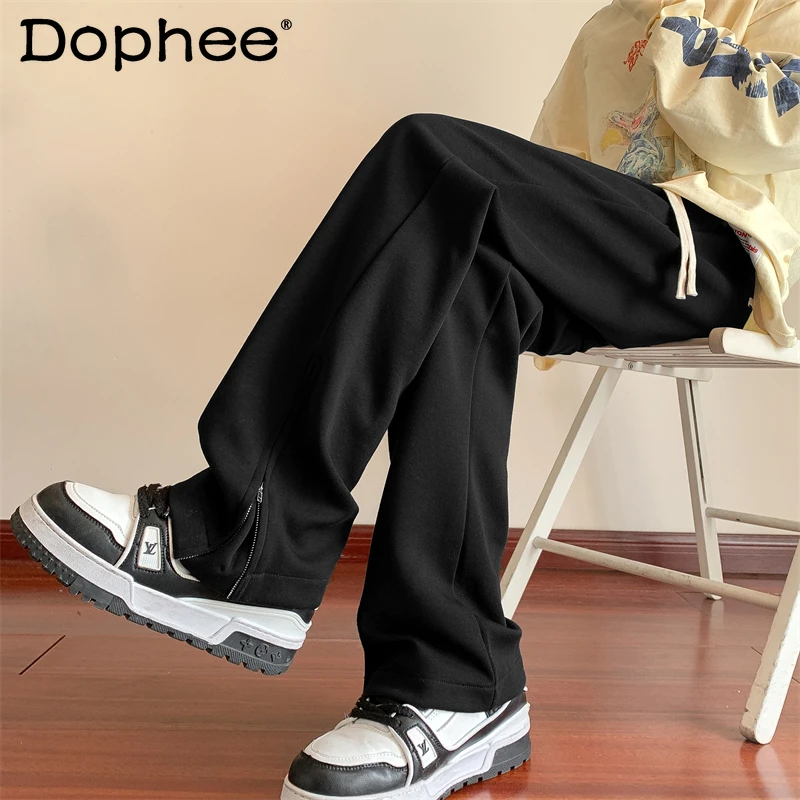 

Spring Straight Sweatpants Men's Fashion Zipper Design Wide-Leg Mopping Casual Pants Trendy Male Solid Color Loose Trousers