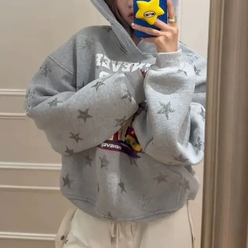

Fashionable Vintage Star Printed Hoodies Female Clothing American Letter Loose Autumn Hooded Casual Pockets Spliced Sweatshirts