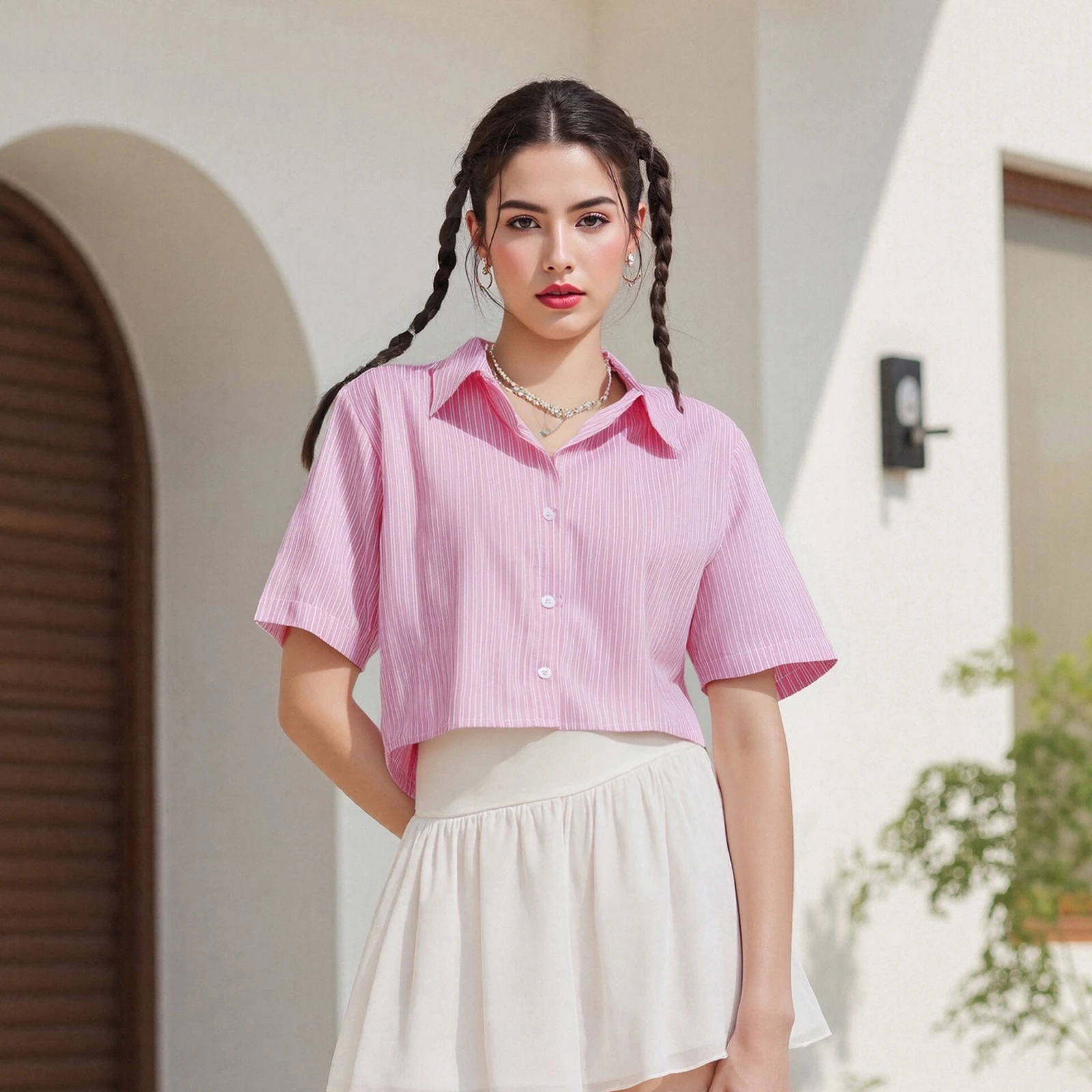 

Women's Summer Striped Print Crop Tops Short Sleeve Turn Down Collar Casual Button Up Shirt Streetwear