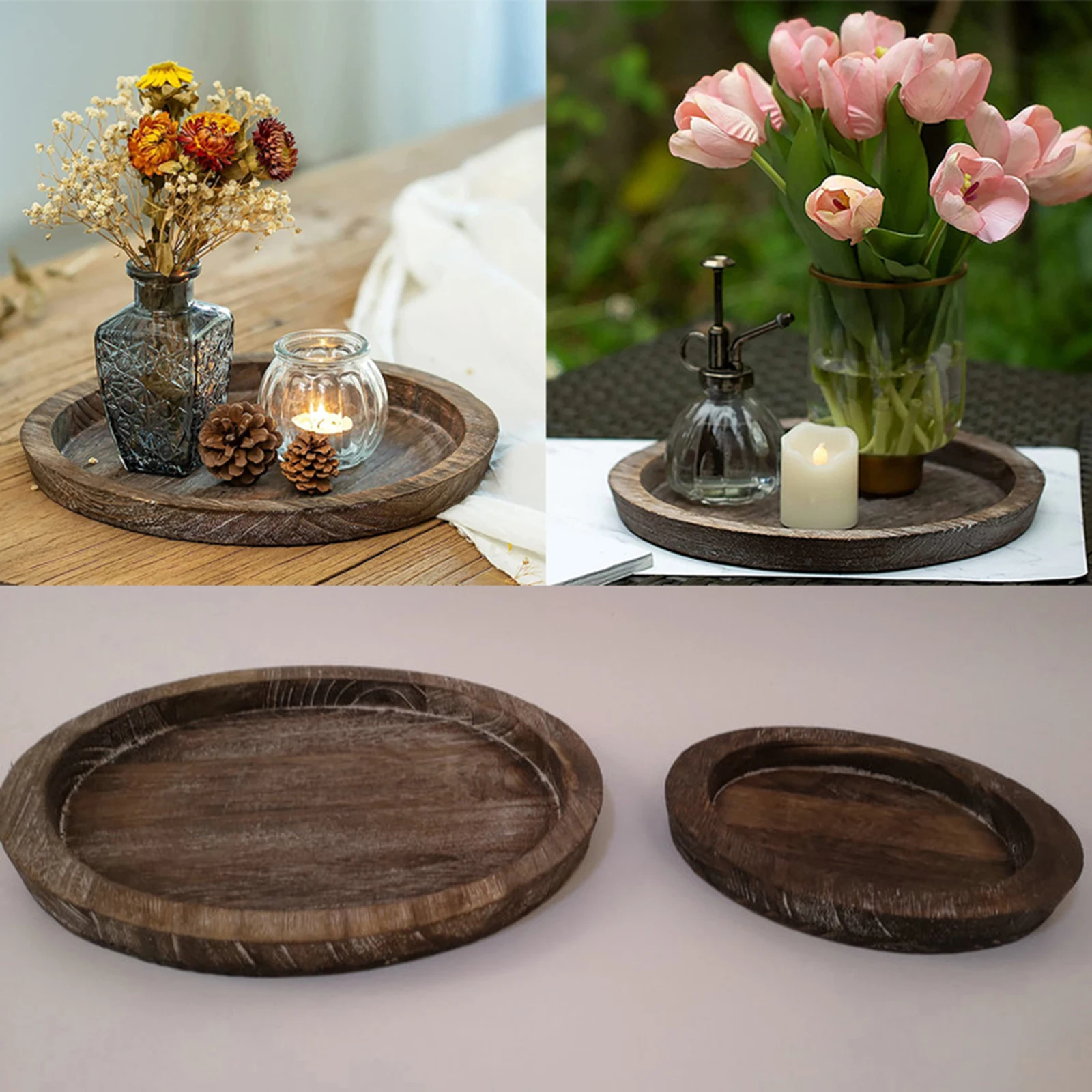 Round Natural Wooden Tray Wood Plate Tea Food Server Dishes Water Drink Dish Bamboo Display Tray for Tea Bread Fruit