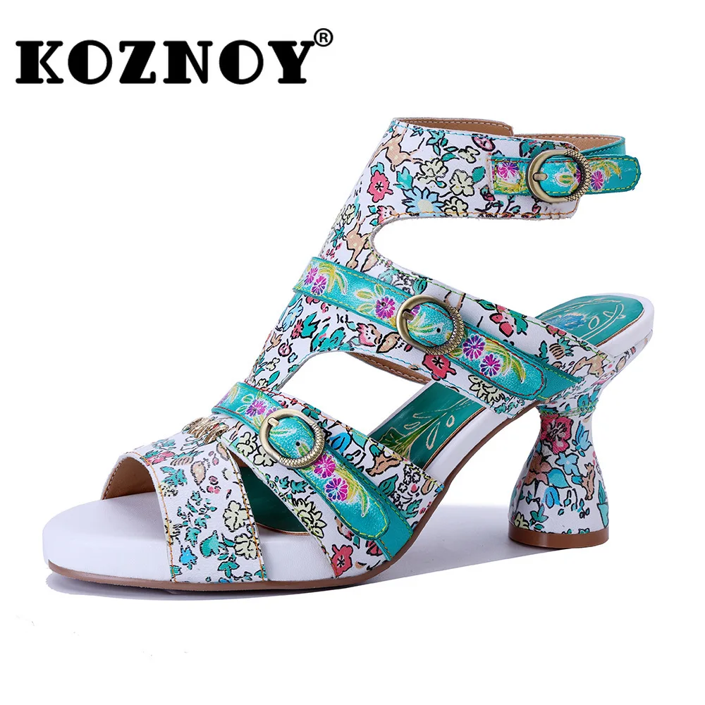 

Koznoy 7.5cm New Weave Sheepskin Leather Summer Chunky Heels Big Size Print Hollow Buckle Woman Moccasin Ethnic Moccasins Shoes