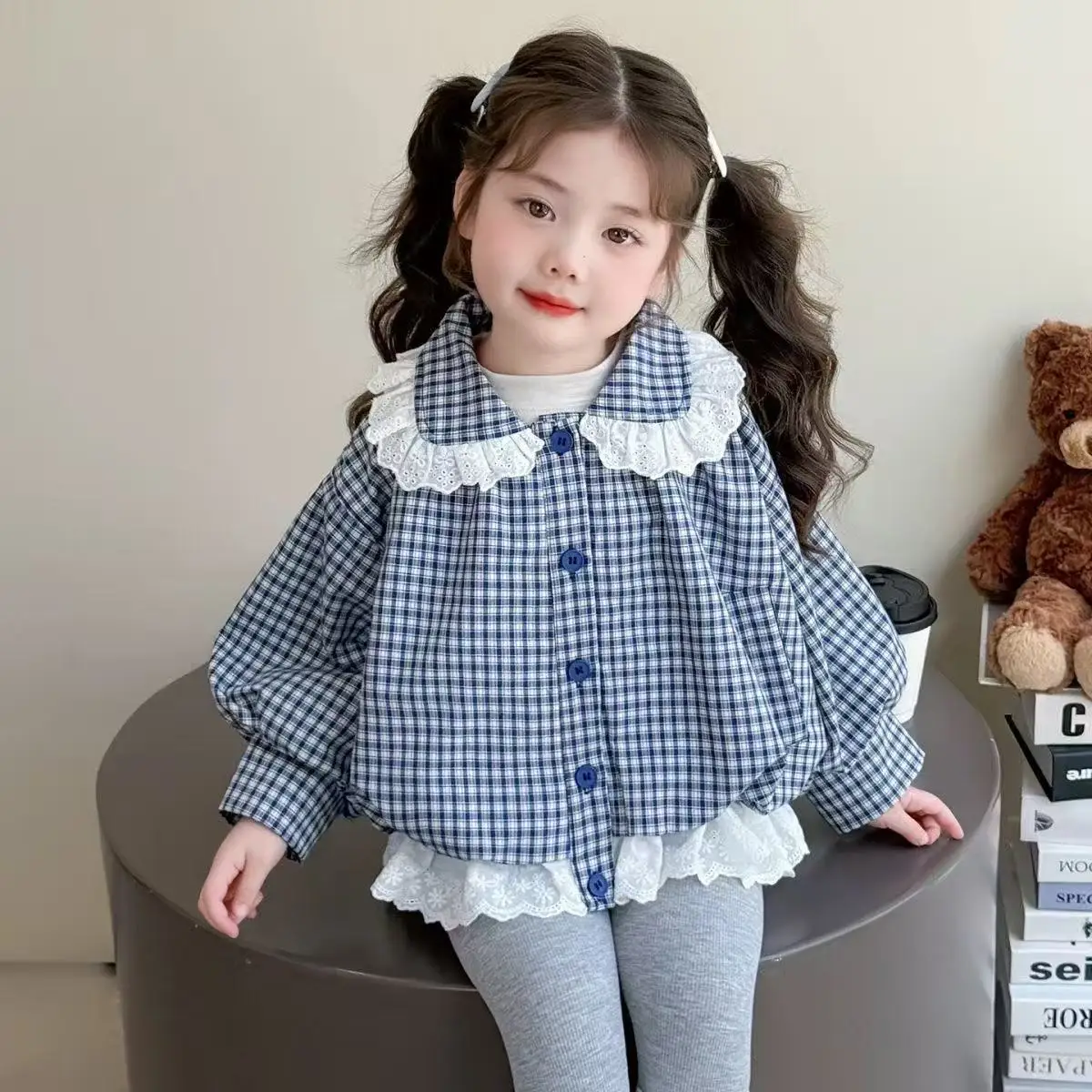 Girl' Spring Autumn Jacket Children's Casual Sweet Lace Trim Coat New Style Kids Baby Peter Pan Collar Fashion Outerwear
