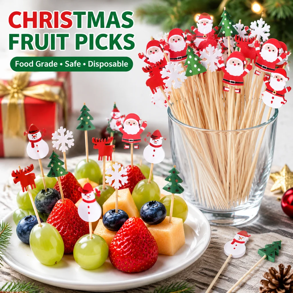 Christmas Fruit Sticks Bamboo Cocktail Picks with Santa Snowman Tree Snowflake Elk Disposable Cake fruit Skewers Party Decor