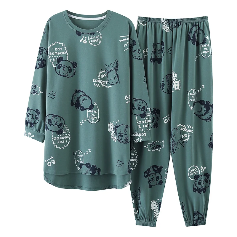 Big Size M-5XL wiosna dzianina bawełniana Pijamas dwuczęściowy zestaw długi rękaw kobiety piżamy damskie piżamy Cute Cartoon Pijamas