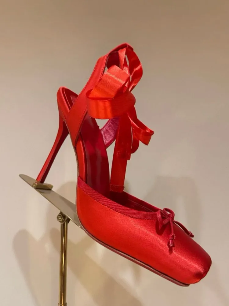 2025 Women's New Summer Square Satin High Heel Sandals with Ankle Strap, Fashionable Party and Banquet Ballet High Heels image 5