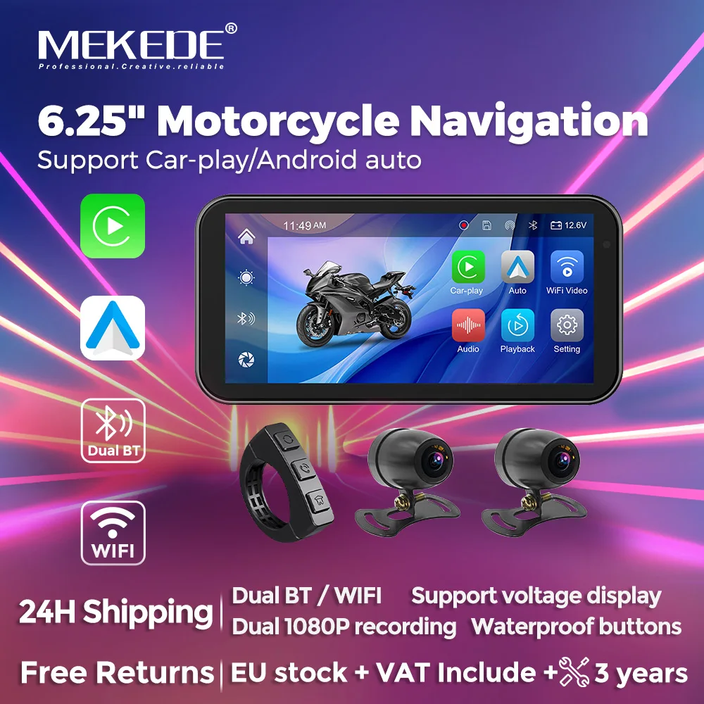MEKEDE Stock UE Expédition 24h Écran tactile portable 6,25 pouces Étanche IP67 Moto Sans fil Carplay Android Auto Enregistreur de conduite 1080P LCD TPMS GPS Prise en charge carte SD